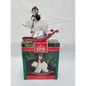 1990 Hallmark Keepsake Ornament BEARBACK RIDER Penguin Riding Rocking Polar Bear